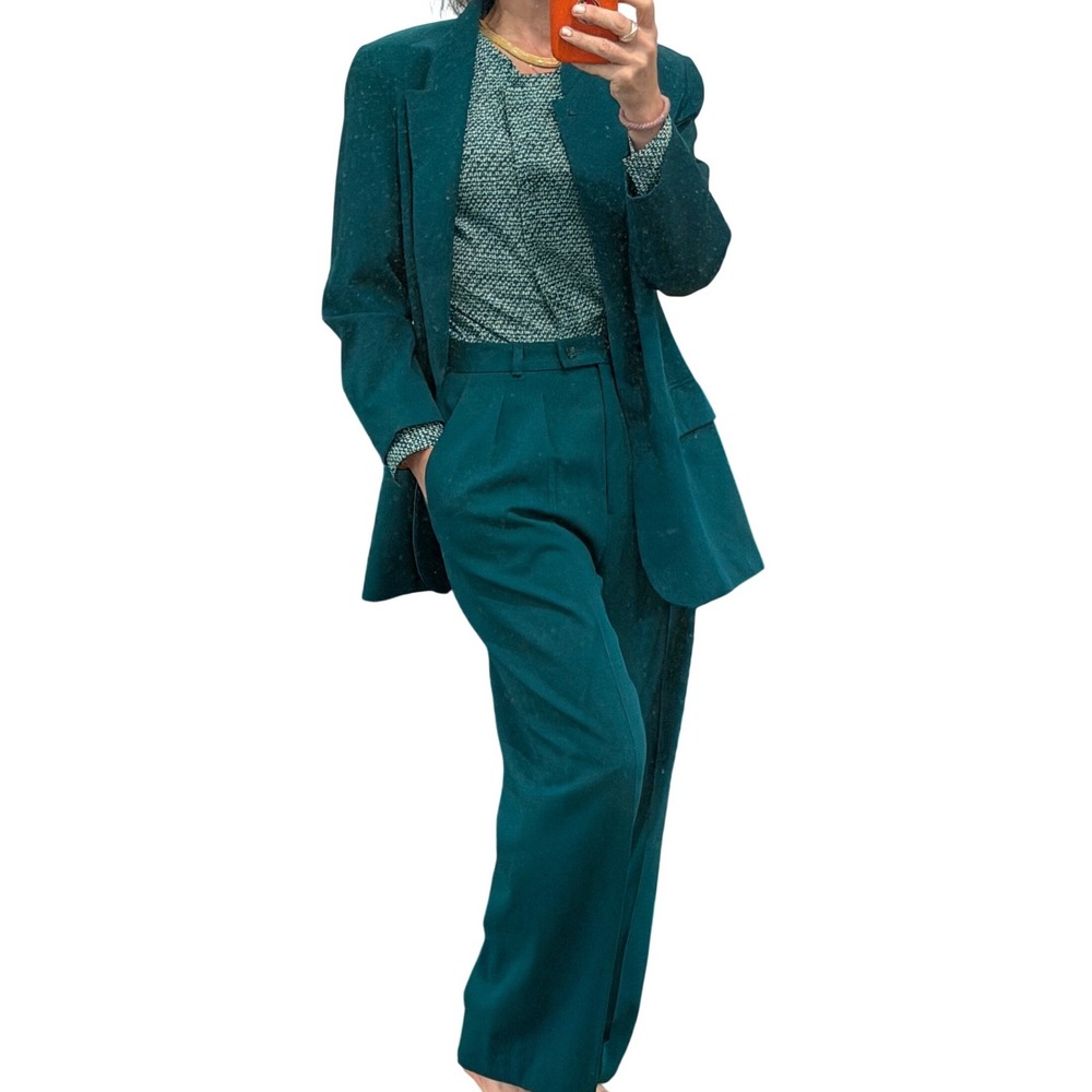 3-Piece Pant Suit Y2K Women Blazer Sz 10 Pants Sz 12 Top Sz 6 Green Wool